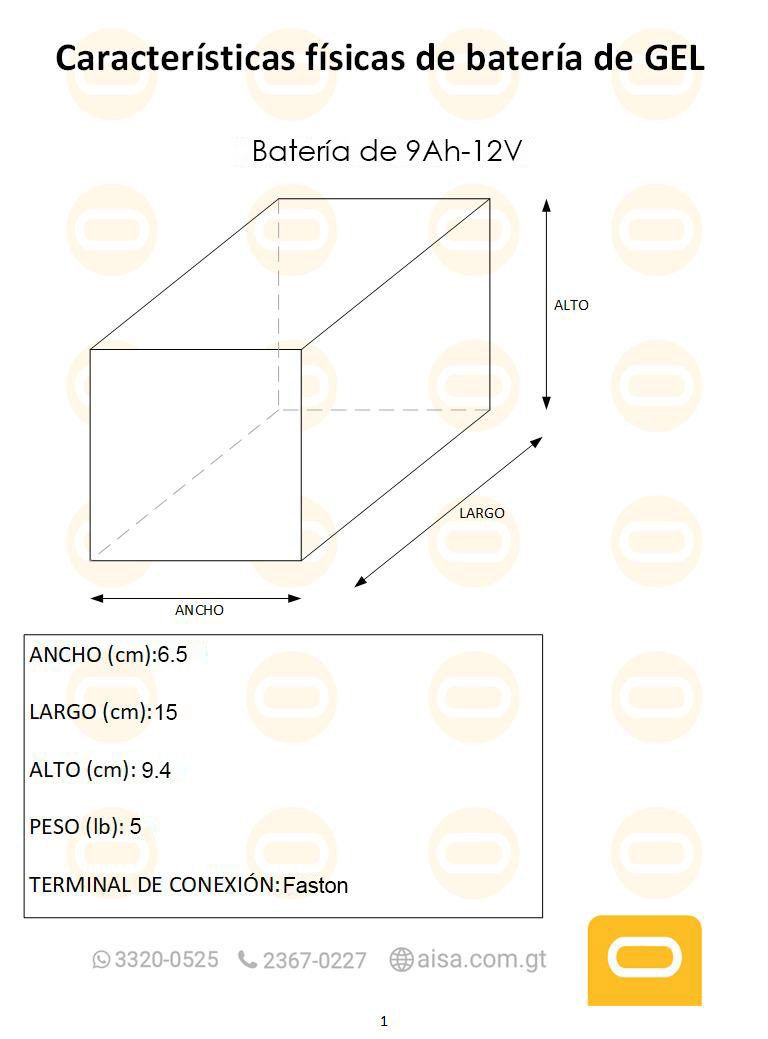 Dimensiones fisicas de Batería de Gel 9Ah / 12V