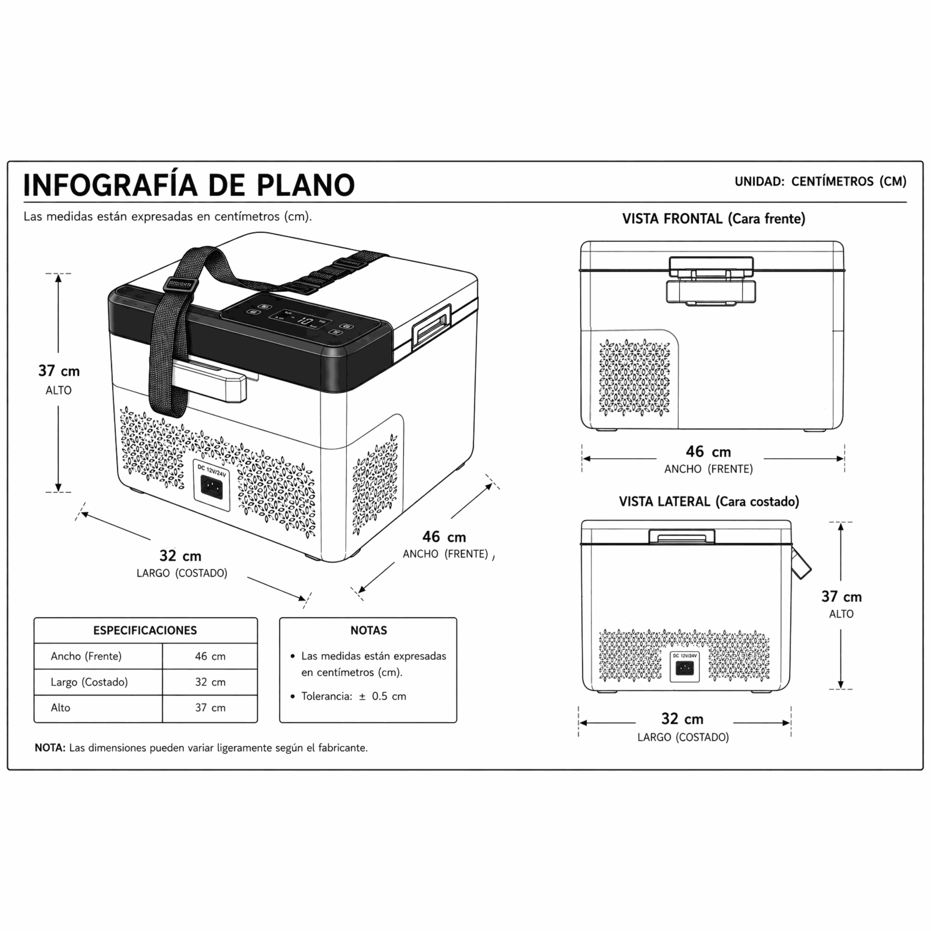 Dimensiones fisicas de Hielera portátil - KDF10L - 12V/24V