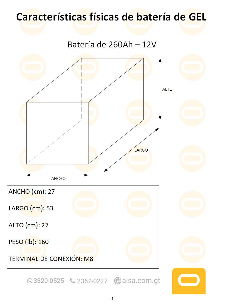 Dimensiones fisicas de Batería de Gel 260Ah / 12V