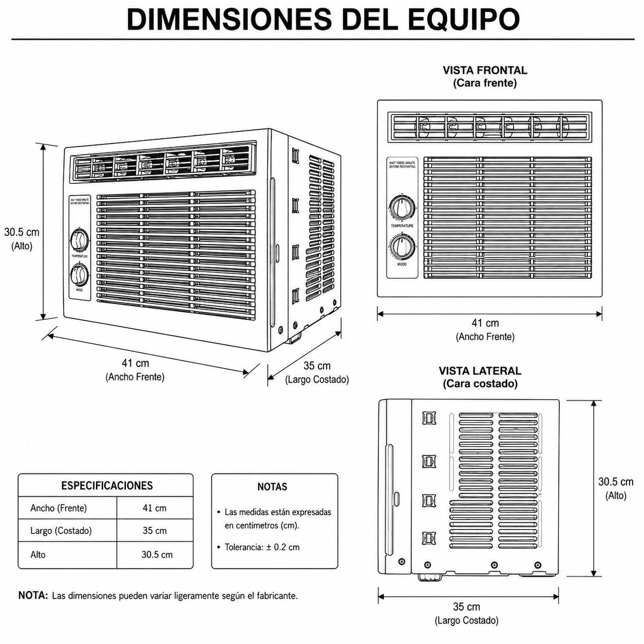Dimensiones fisicas de Aire Acondicionado de Ventana-5,000 BTU/h