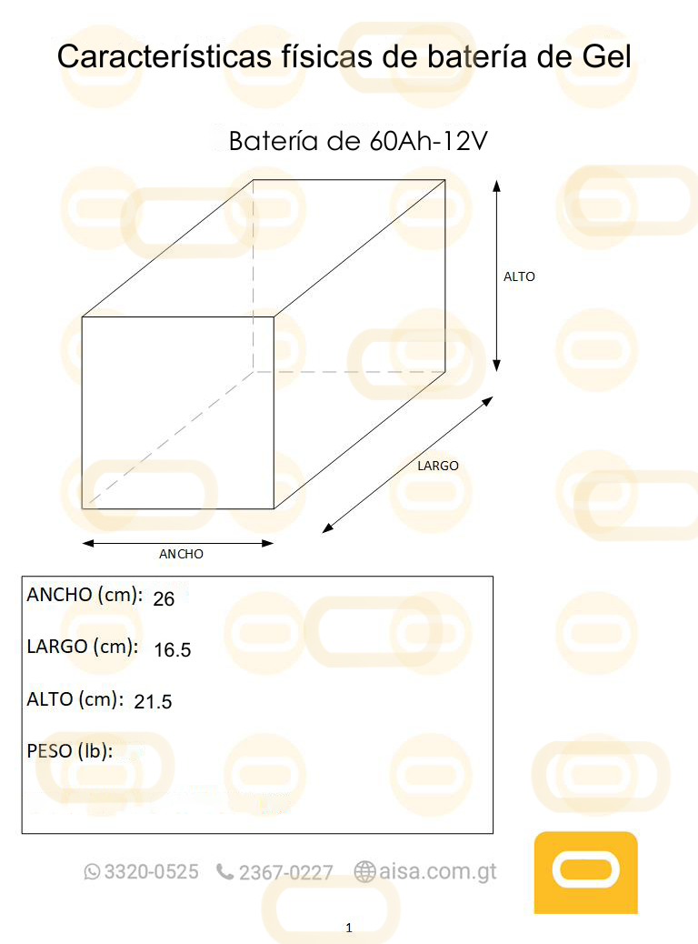 Dimensiones fisicas de Batería de Gel 60Ah / 12V