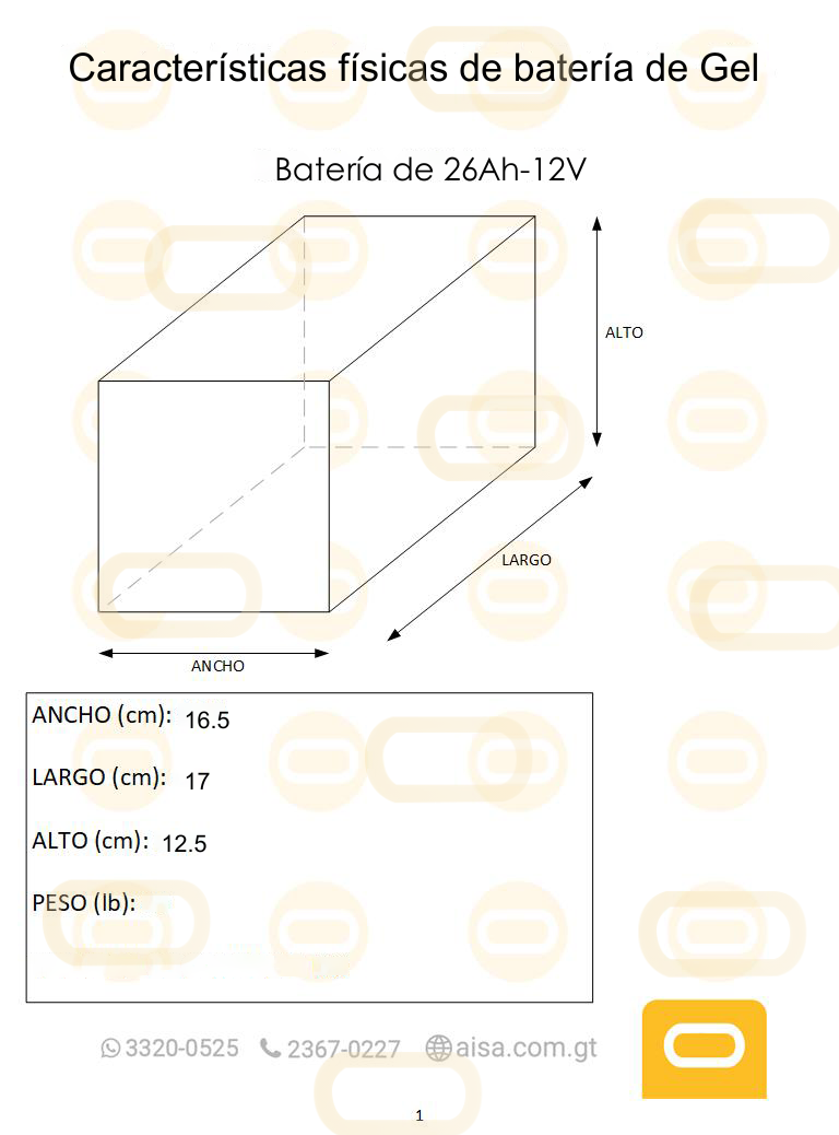 Dimensiones fisicas de Batería de Gel 26Ah / 12V
