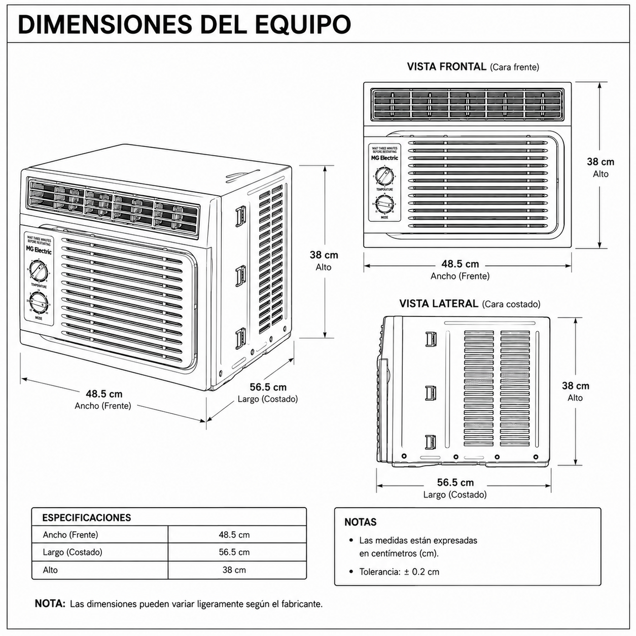 Dimensiones fisicas de Aire Acondicionado de Ventana-18,000 BTU/h